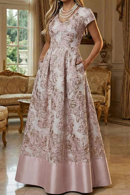 Floral Jacquard A-Line Gown with Pockets