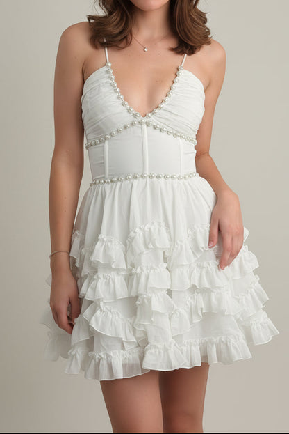 Deep V-Neck Pearl Corset Tiered Ruffle Mini Dress