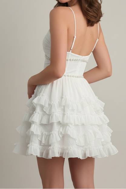 Deep V-Neck Pearl Corset Tiered Ruffle Mini Dress
