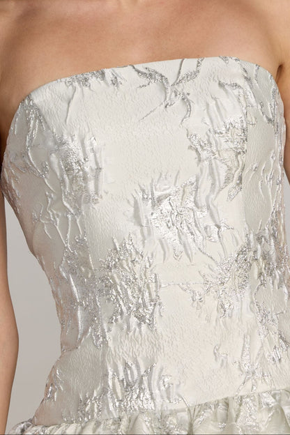 Strapless Jacquard Mini Dress with Ruffled Bubble Skirt