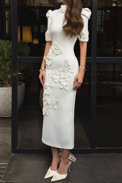 High-Neck Midi Dress with 3D Floral Appliques