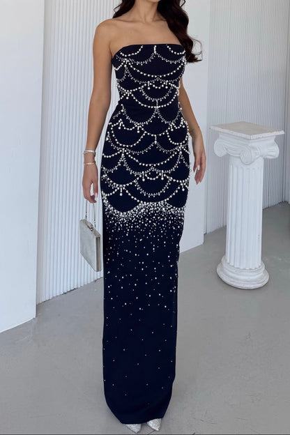 Strapless Column Gown with Scalloped Pearl Beading
