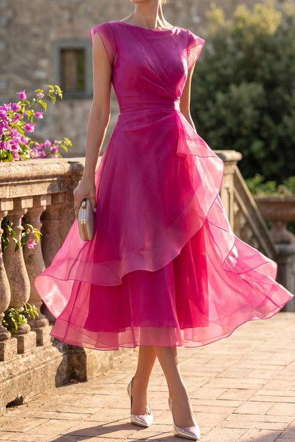 Tiered Organza Midi Dress with Cap Sleeves