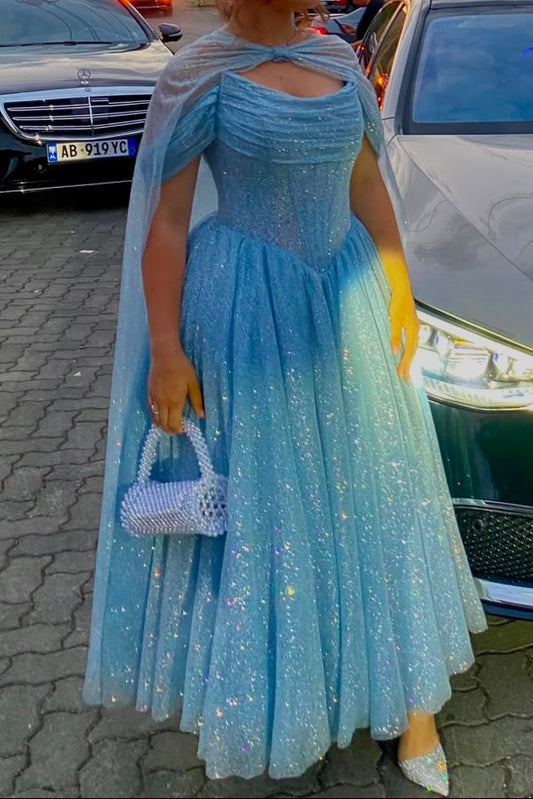 Glitter Tulle Ball Gown with Cape