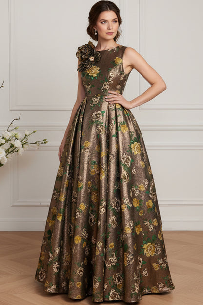 Metallic Floral Jacquard A-Line Evening Gown