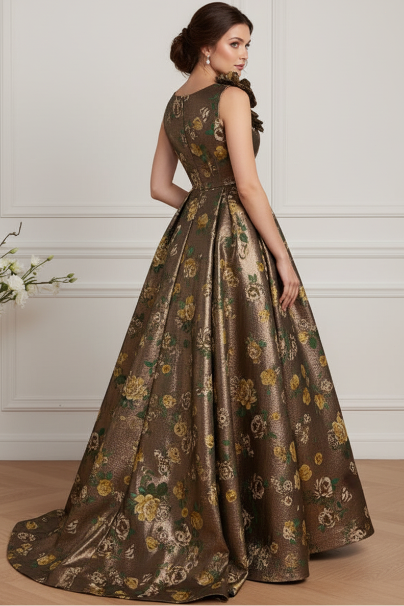 Metallic Floral Jacquard A-Line Evening Gown