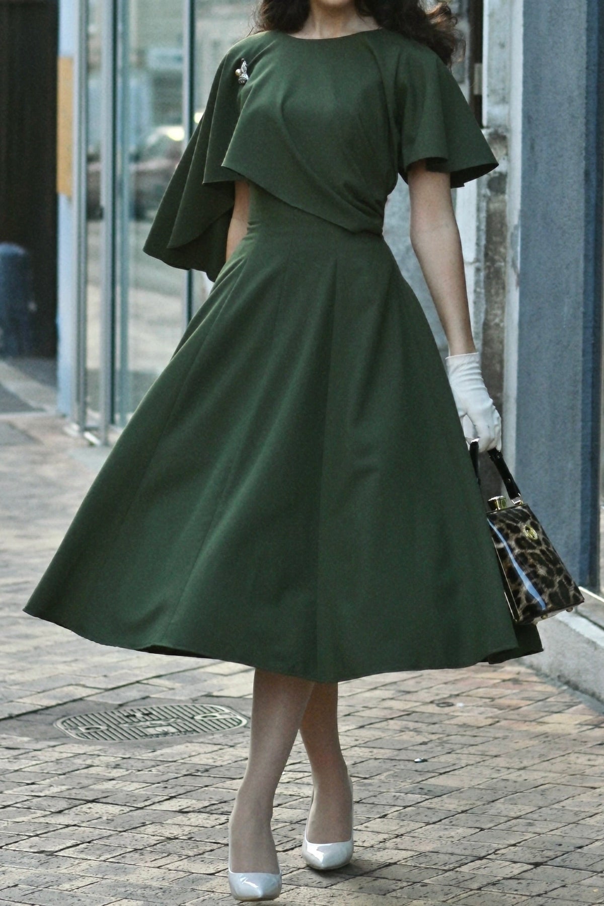 Asymmetric Capelet Midi A-Line Dress