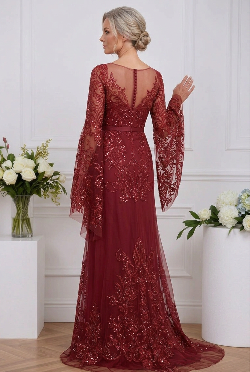 Embroidered Bell Sleeve Floor-Length Gown