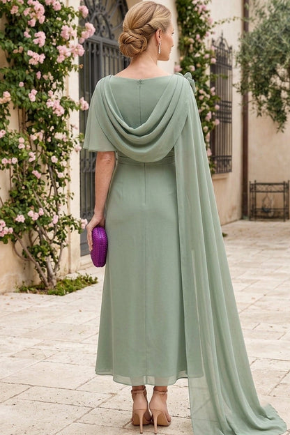 Asymmetric Chiffon Midi Dress with Shoulder Cape