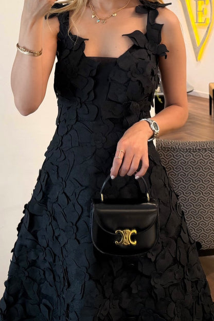 3D Floral Applique Sleeveless A-Line Midi Dress