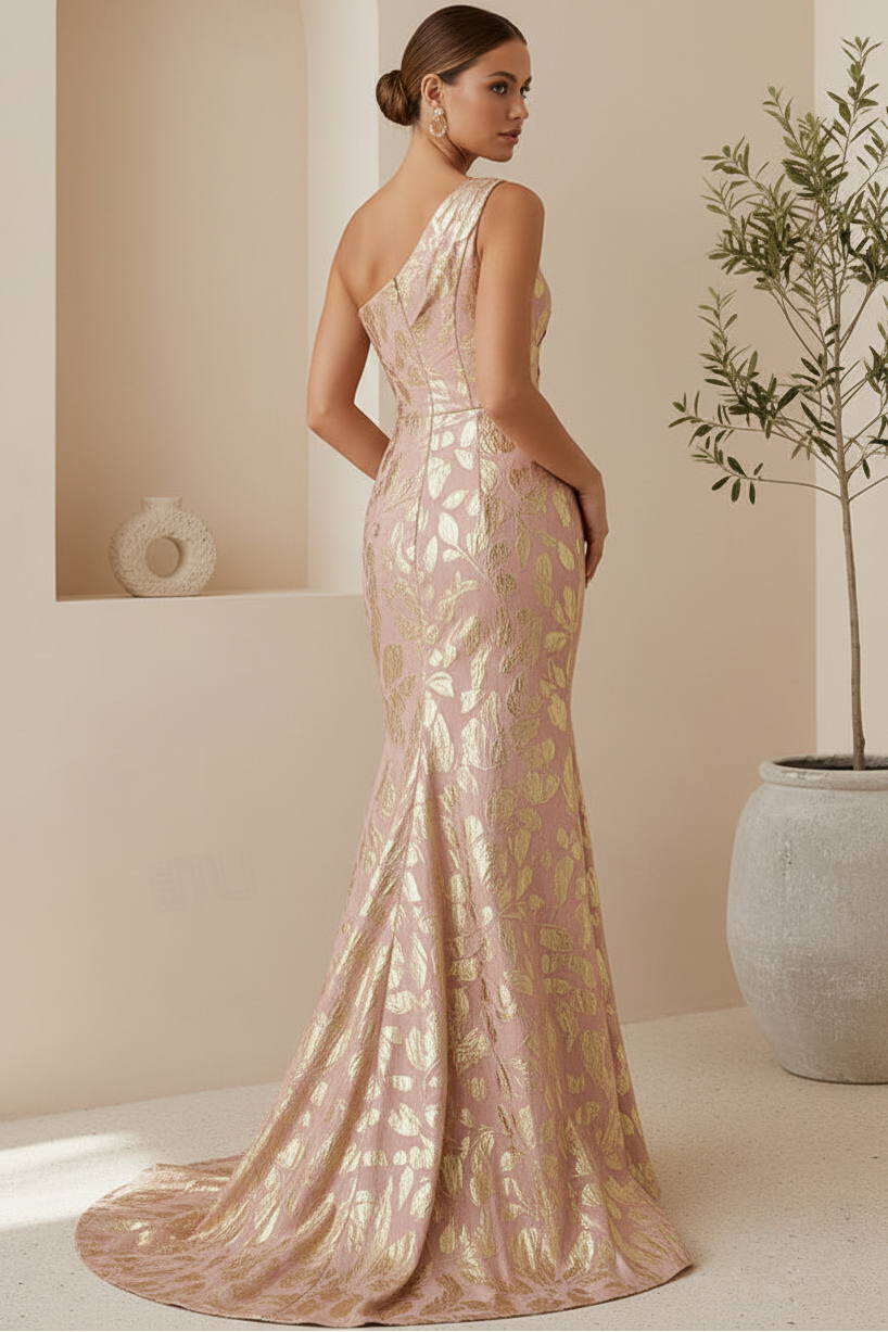 One-Shoulder Metallic Jacquard Mermaid Gown