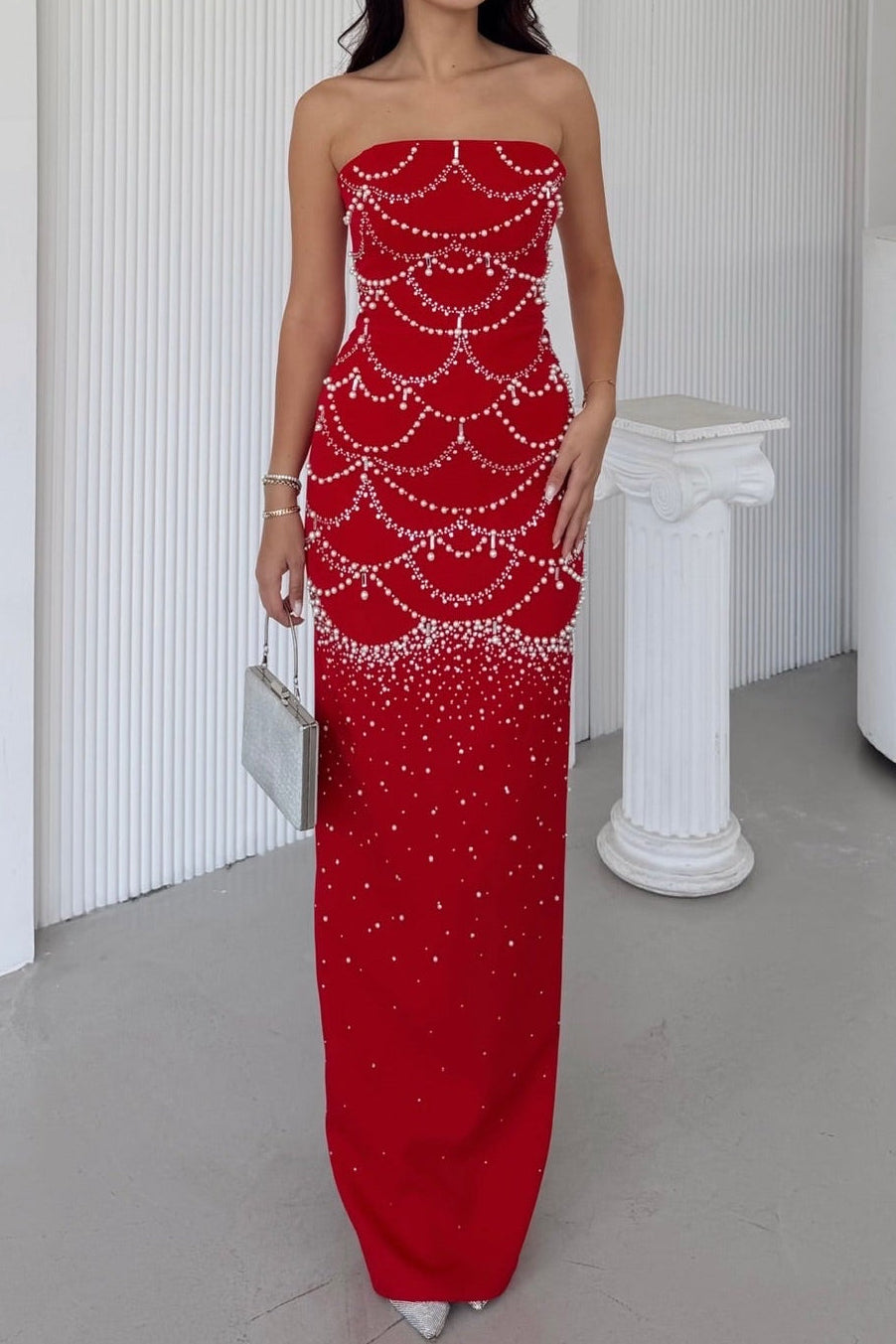 Strapless Column Gown with Scalloped Pearl Beading