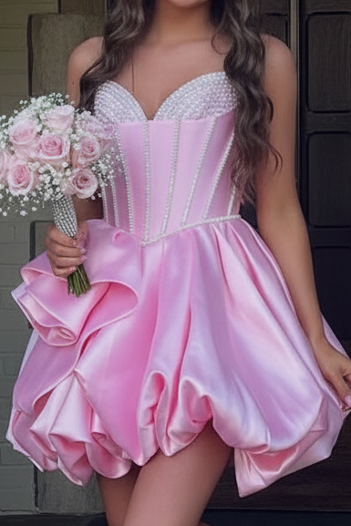 Strapless Pearl Beaded Corset Bubble Mini Dress