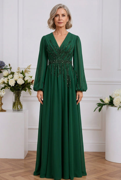 Beaded V-Neck A-Line Gown with Bishop Sleeves