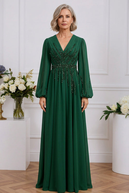 Beaded V-Neck A-Line Gown with Bishop Sleeves