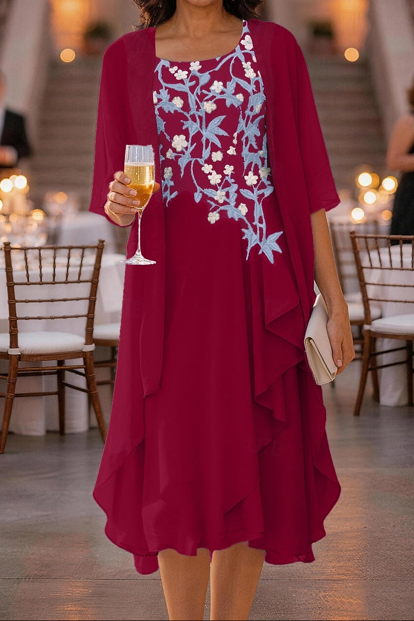 Embroidered Midi Dress with Sheer Jacket