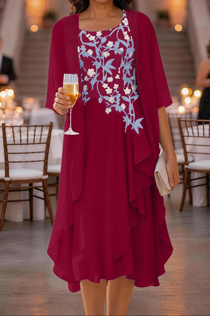 Embroidered Midi Dress with Sheer Jacket