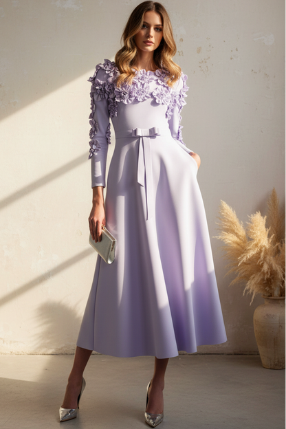 3D Floral Applique A-Line Midi Dress with Pockets