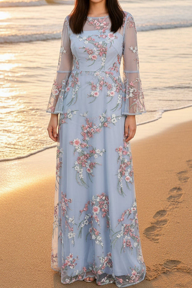 Floral Embroidered Illusion Gown with Bell Sleeves