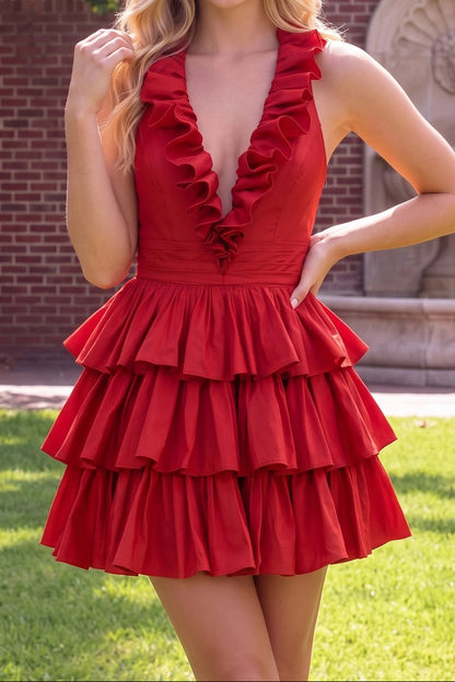 Ruffled Halter Plunge Tiered Mini Dress