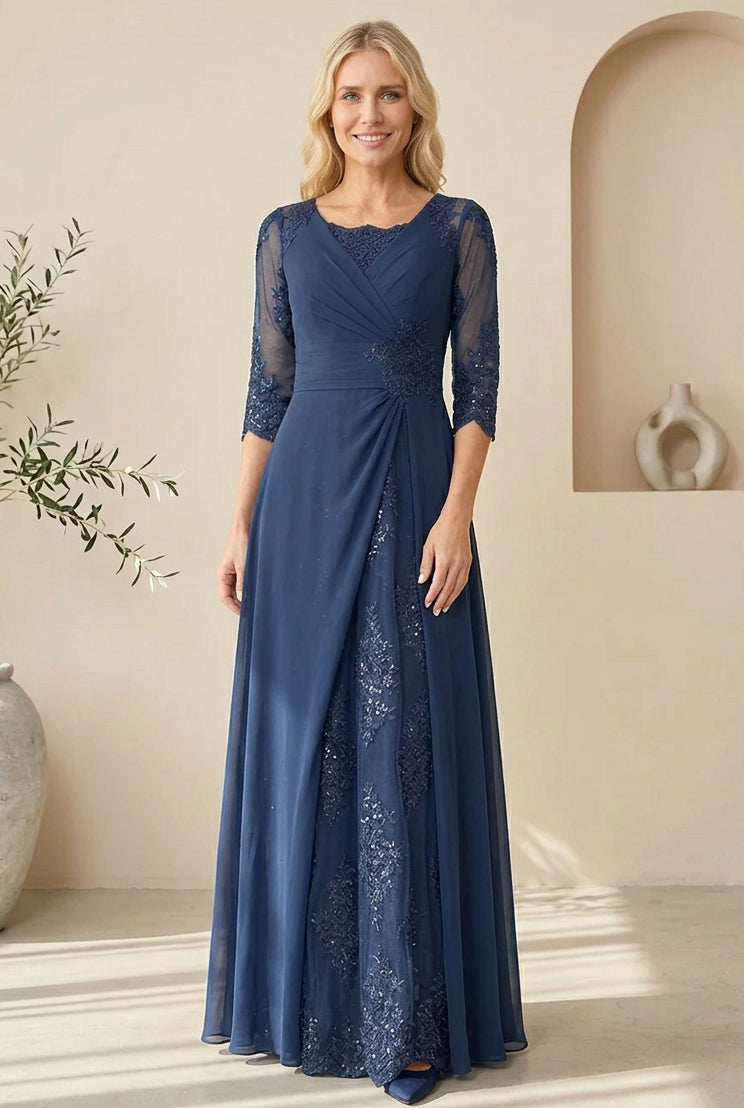 Lace and Chiffon A-Line Gown With 3/4 Sleeves