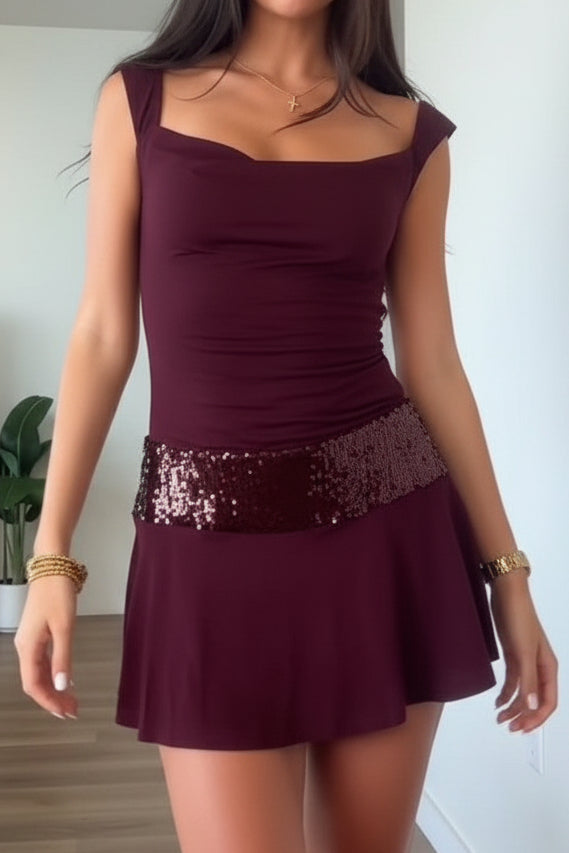 Backless Cowl Neck Mini Dress with Sequin Waistband