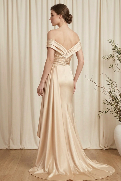 Off-Shoulder Asymmetrical Satin Gown with Side Drape