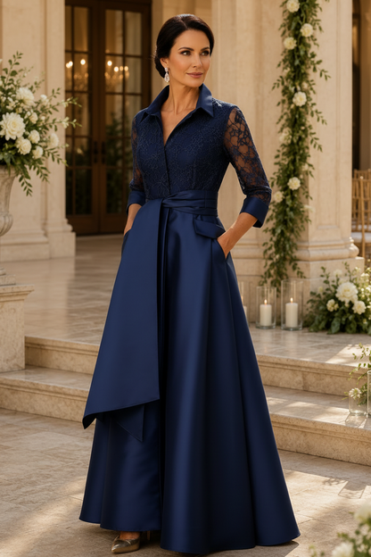 Collared Lace Bodice Gown with Asymmetric Drape