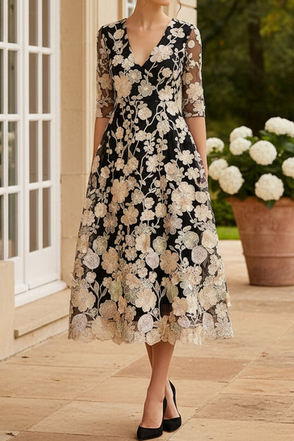3D Floral Lace Deep V-Neck Midi Dress with Pockets