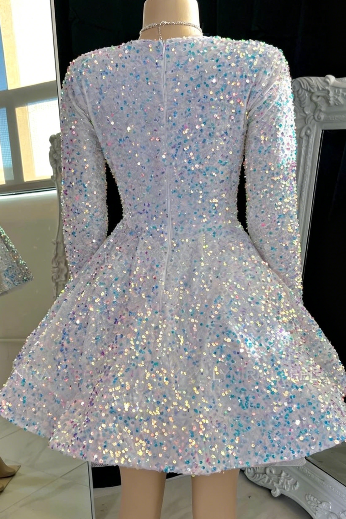 Long Sleeve Deep V-Neck Sequin Fit and Flare Mini Dress