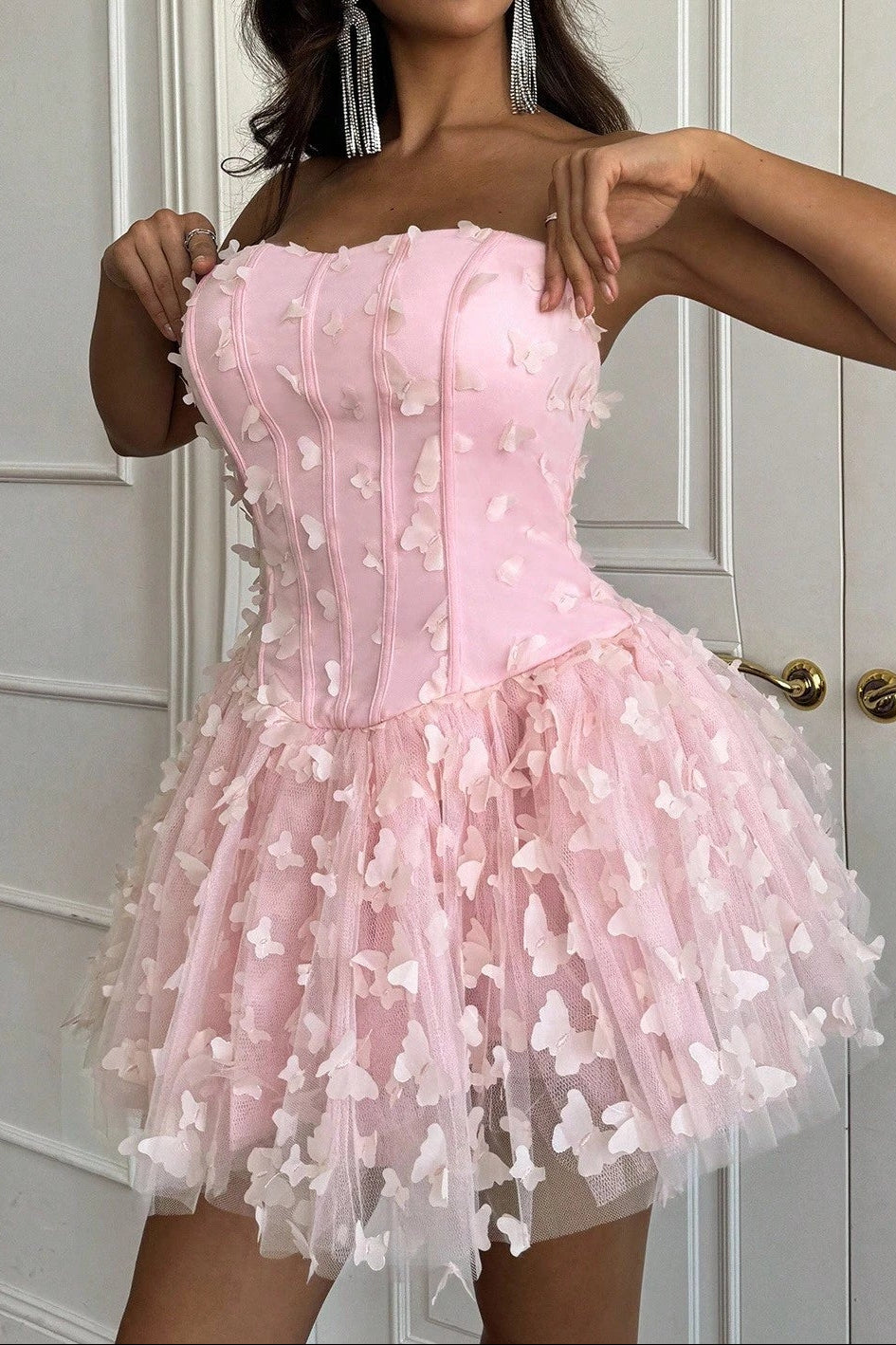 Strapless 3D Butterfly Applique Corset Mini Dress