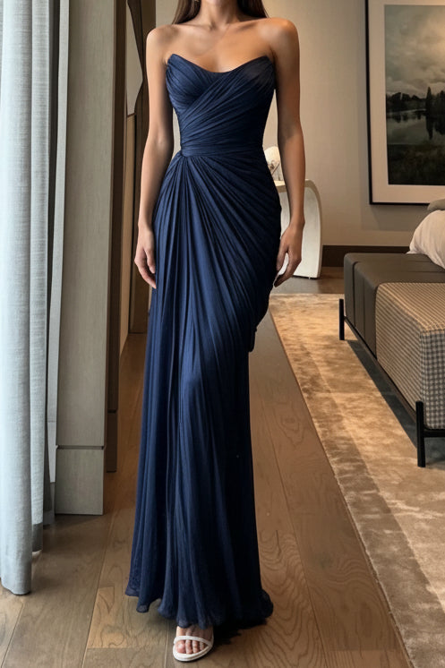 Strapless Ruched Draped Floor-Length Evening Gown