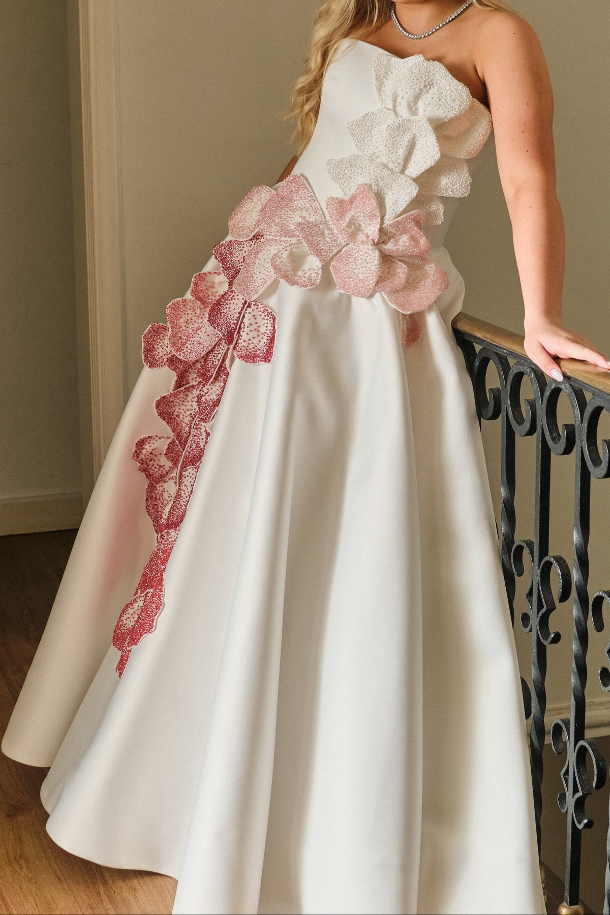 Strapless A-Line Gown with 3D Beaded Floral Petals