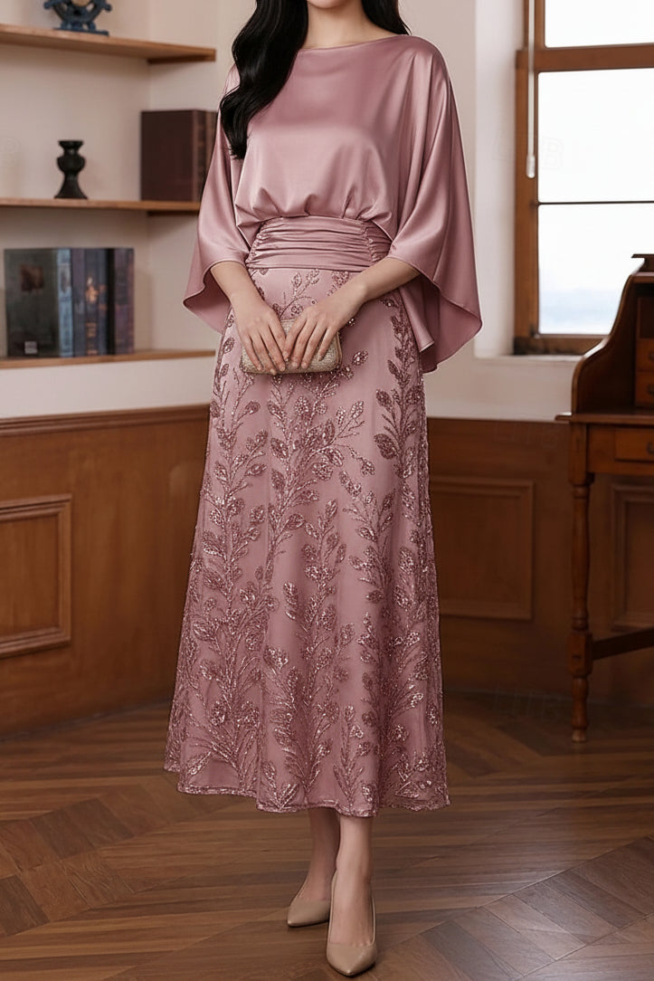 Batwing Sleeve A-Line Dress with Sequin Skirt