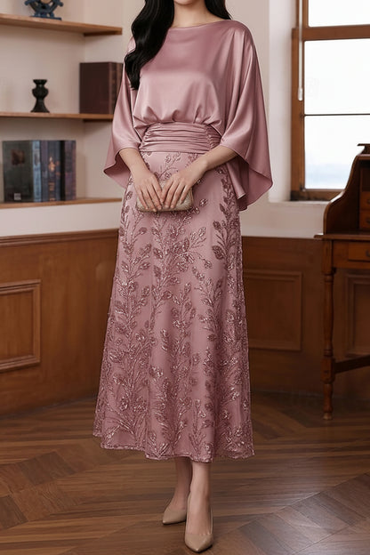 Batwing Sleeve A-Line Dress with Sequin Skirt