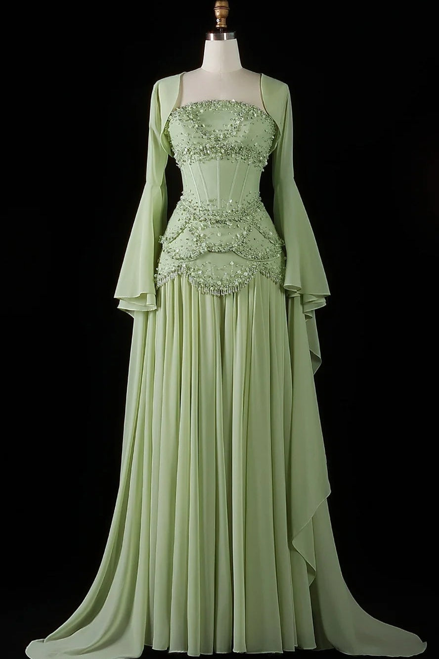 Beaded Corset Evening Gown with Bell Sleeves