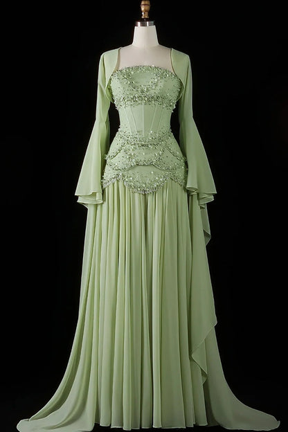 Beaded Corset Evening Gown with Bell Sleeves