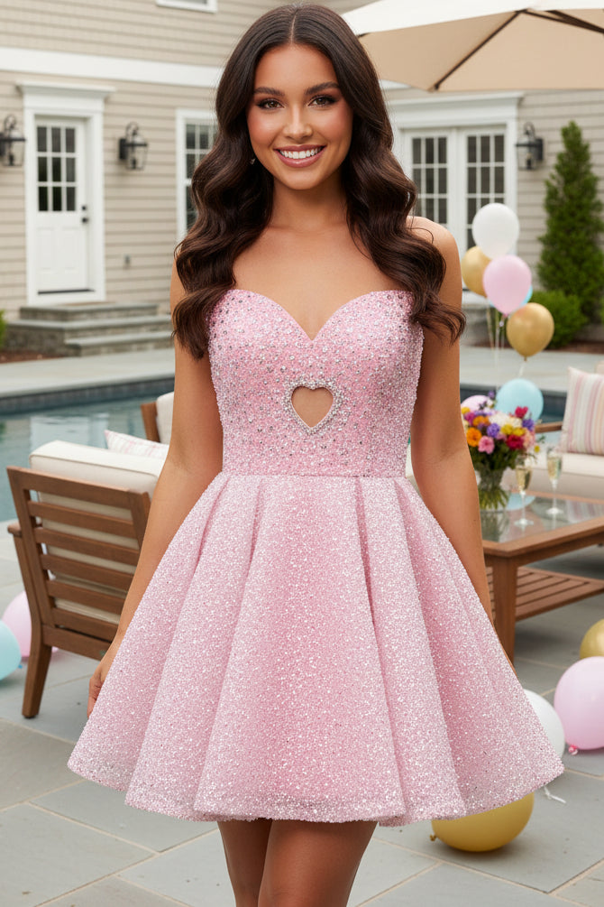 Heart Cutout Strapless Glitter A-Line Dress