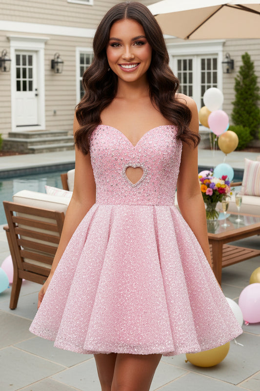 Heart Cutout Strapless Glitter A-Line Dress