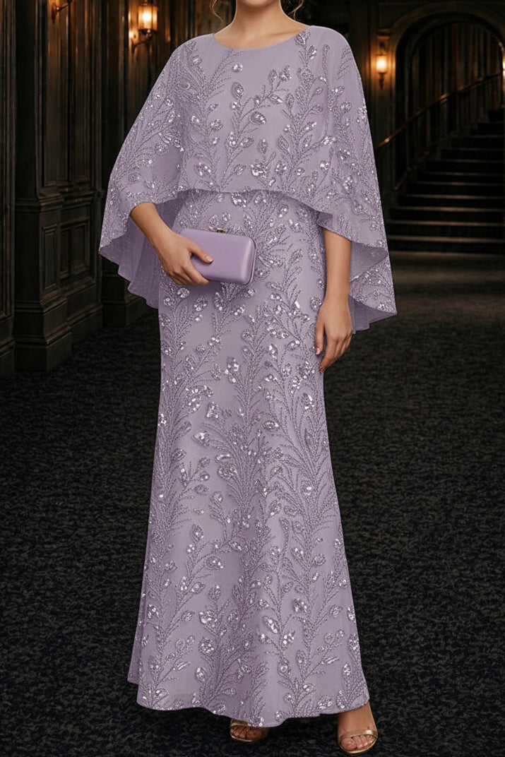 Sequin Botanical Capelet Overlay Evening Gown