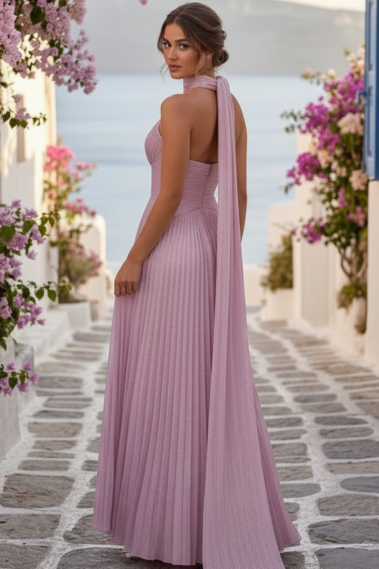 Strapless Pleated High Slit Evening Dress