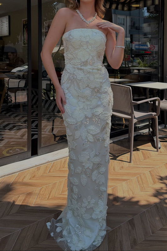 Strapless 3D Floral Applique Column Evening Gown