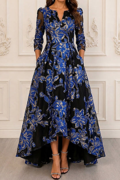Floral Jacquard High-Low Gown with 3/4 Sleeves