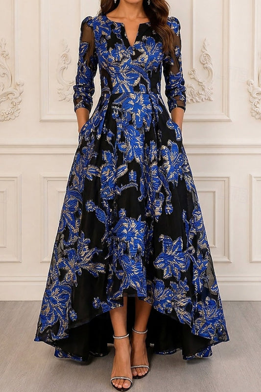 Floral Jacquard High-Low Gown with 3/4 Sleeves