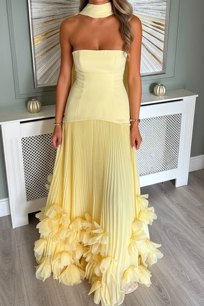 Strapless Pleated Gown with 3D Floral Hem & Scarf