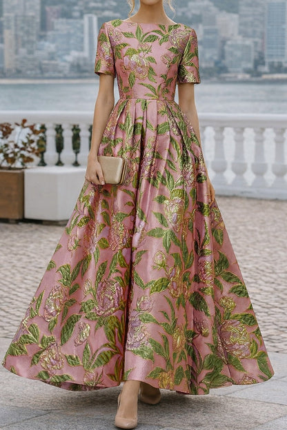 Floral Jacquard Bateau Neck A-Line Formal Dress