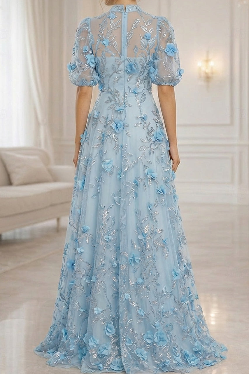 3D Floral Applique A-Line Gown with Puff Sleeves