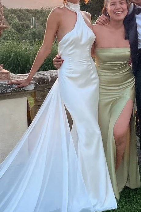 Halter Open Back Satin Wedding Dress with Train