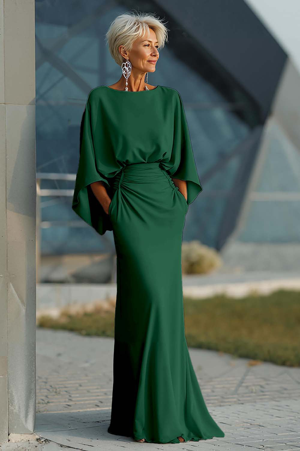 Elegant Ruched Evening Gown with Cape Sleeves