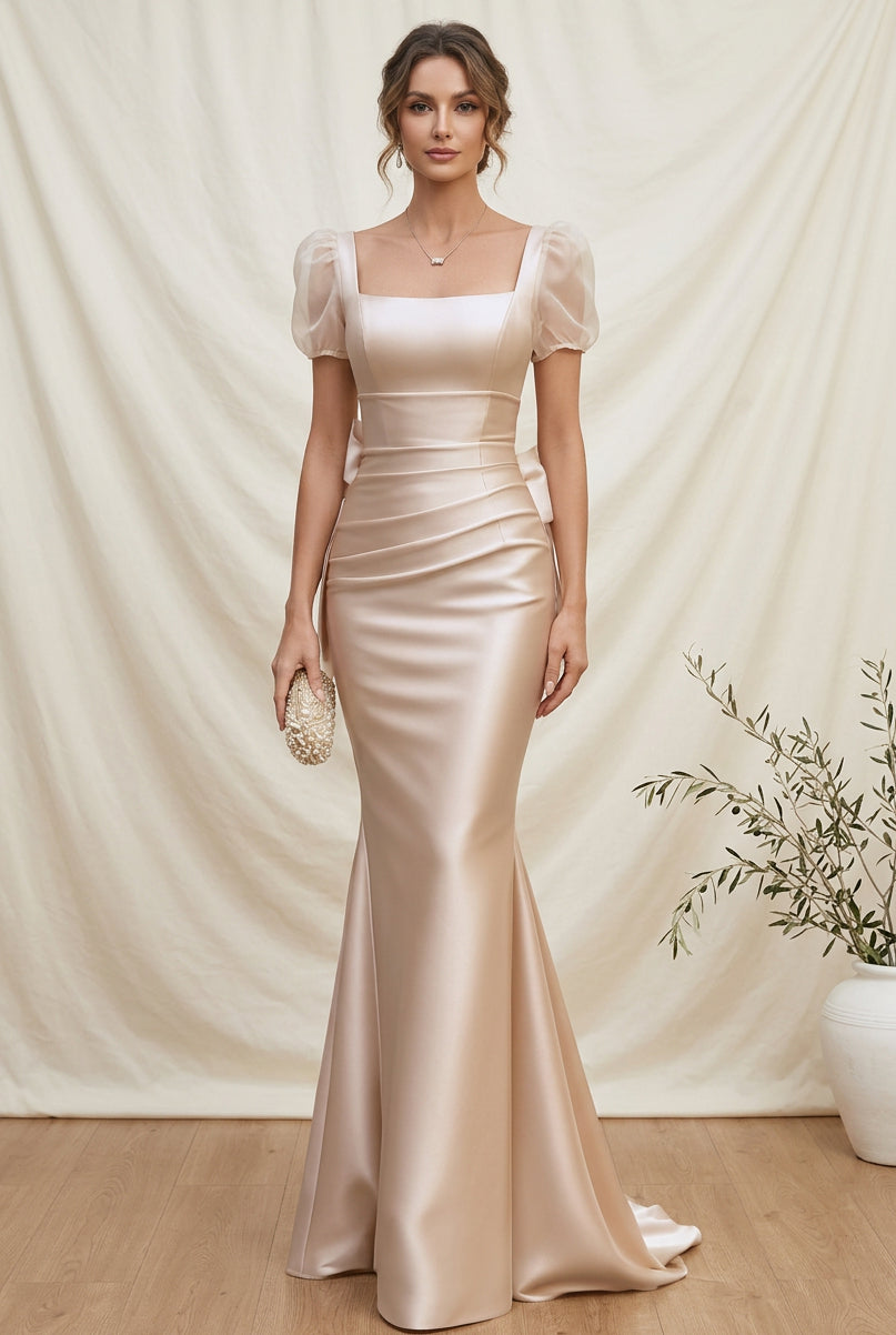 Ruched Mermaid Gown with Lace Cap Sleeves